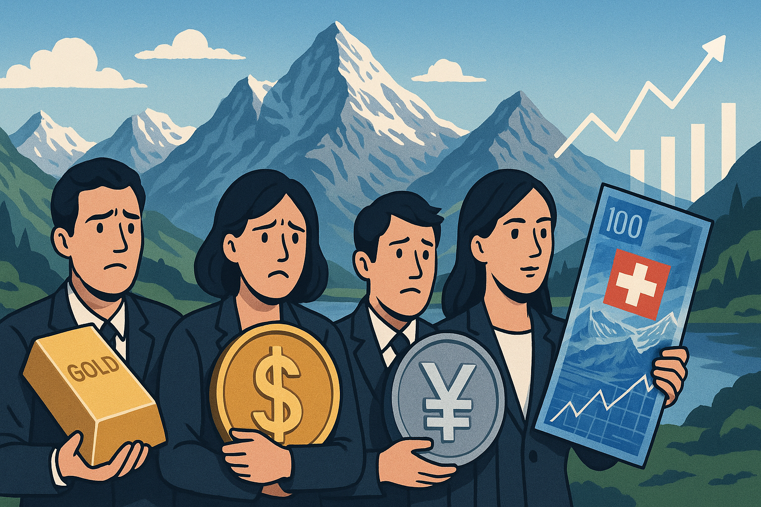 금·달러·엔화와 함께 떠오르는 스위스 프랑을 상징하는 이미지