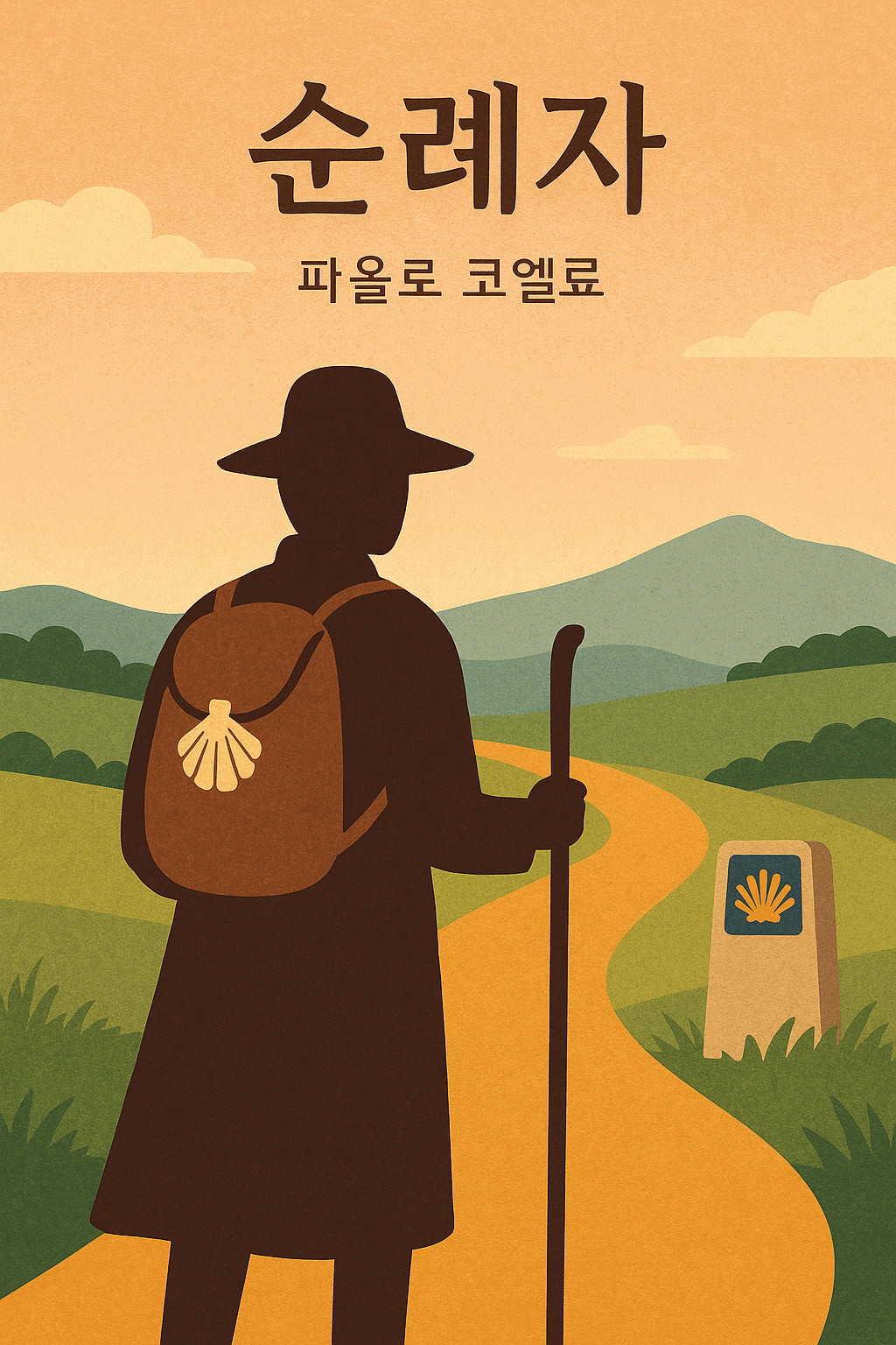 순례자 파올로 코엘료 문구와 길을 걷는 사람 이미지