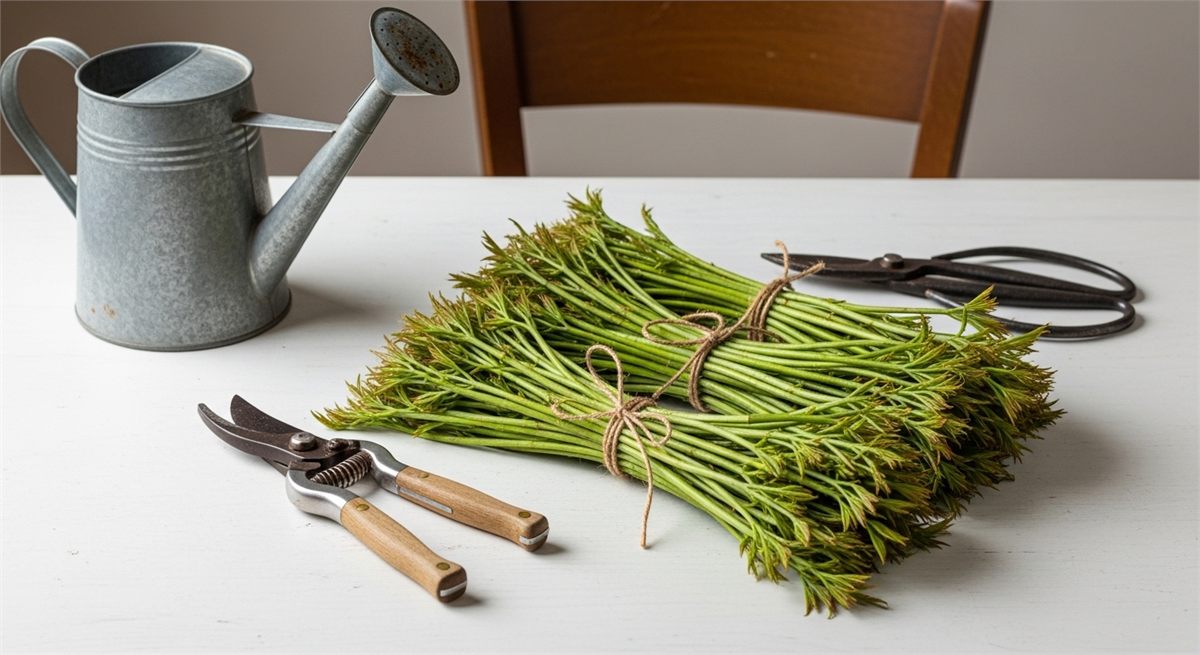 수확한 두릅과 전정 도구, 물조리개가 놓인 관리 장면