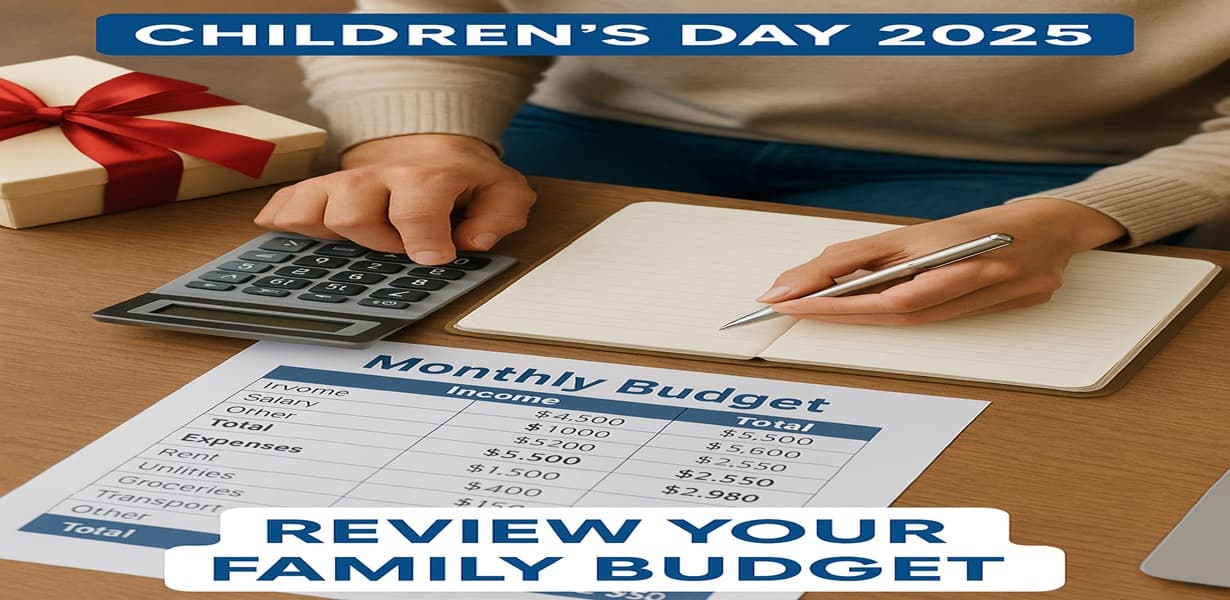 어린이날 부모가 선물과 함께 대출 내역, 카드값, 월 예산표를 책상에 펼쳐두고 부채 상황을 점검하는 모습