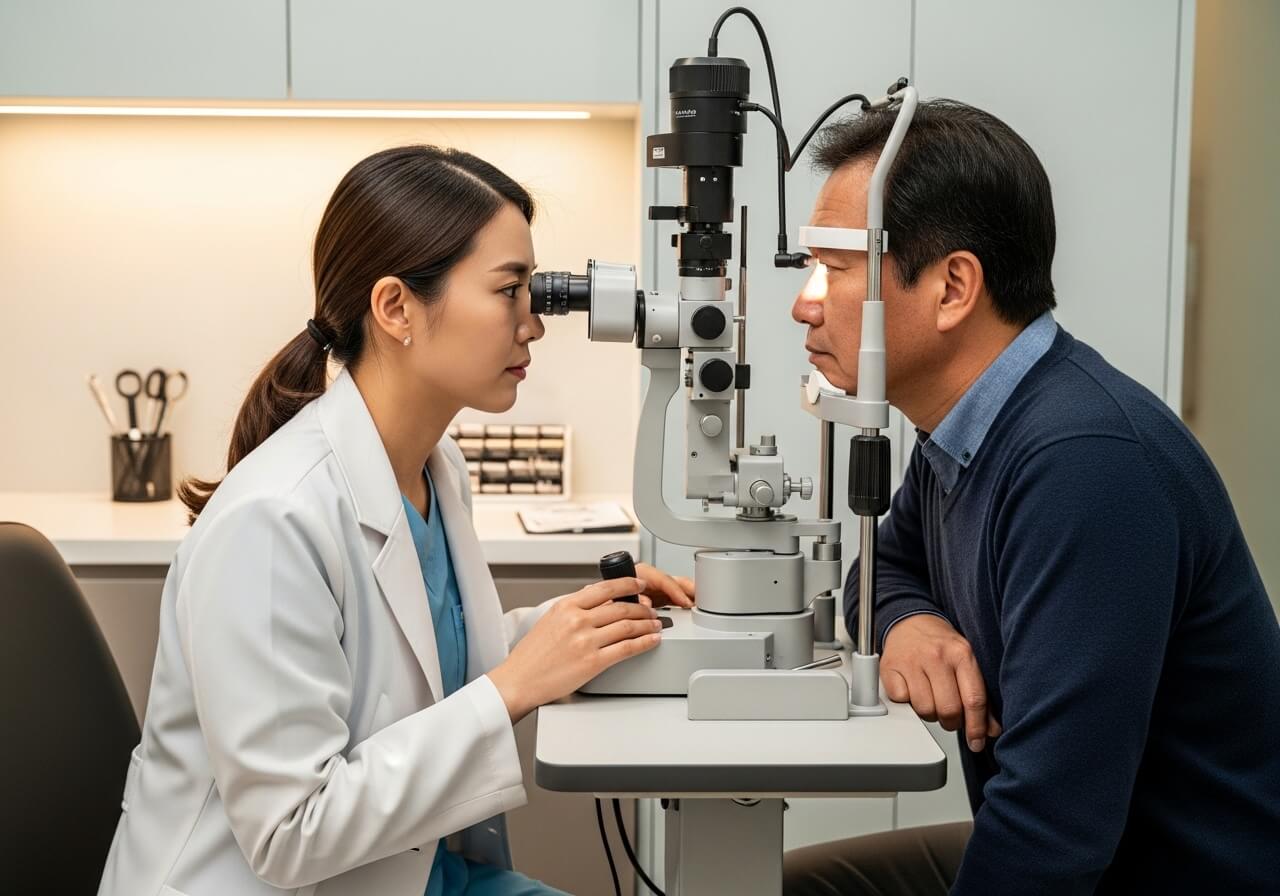 안과 전문의가 세극등으로 눈을 검사하는 장면