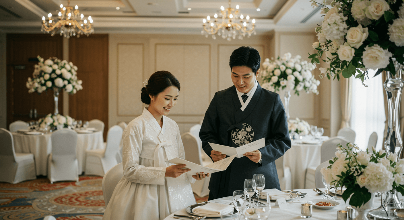 한국 신랑신부가 웨딩홀 메뉴를 확인하는 장면 3