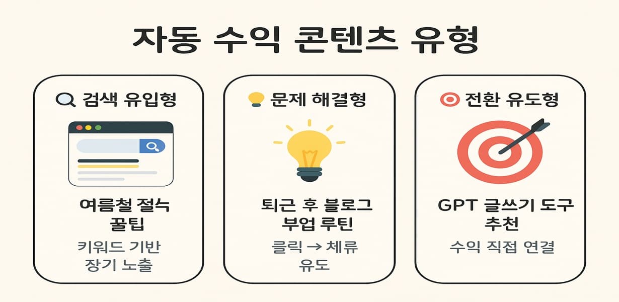 “자동 수익 콘텐츠 유형 – 검색 유입형, 문제 해결형, 전환 유도형의 특징을 한글 키워드와 아이콘으로 정리한 인포그래픽”