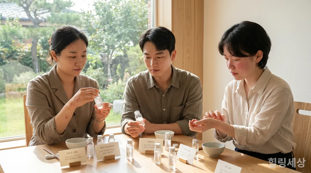 피부 타입별로 분류된 온천수 샘플을 신중하게 살펴보는 한국인들의 모습