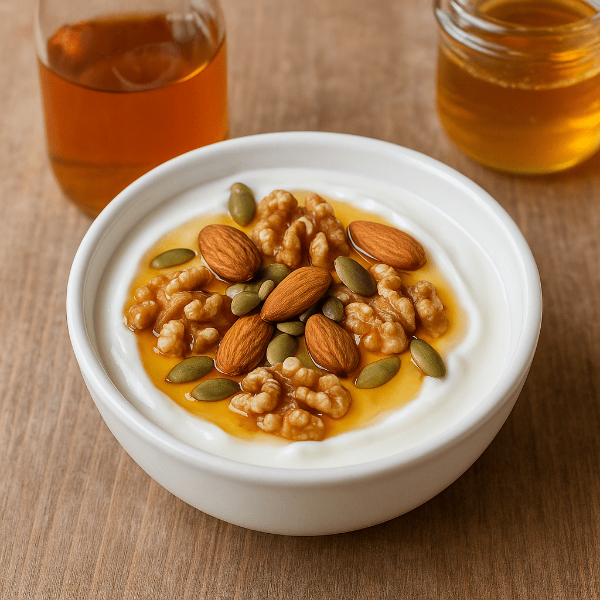 요거트 위에 애플사이다비니거와 꿀, 견과류가 함께 올라간 장면