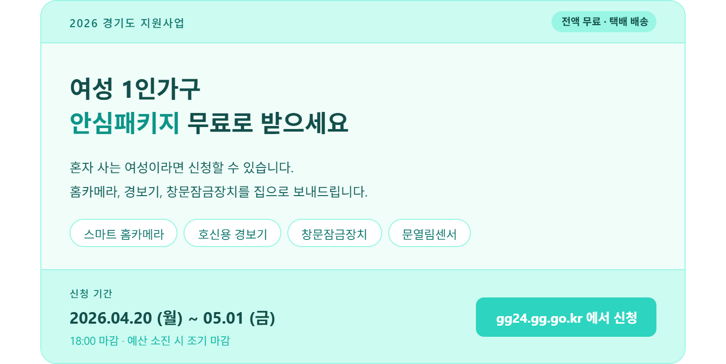 alt="2026 경기도 여성 1인가구 안심패키지 무료 지원 배너 &mdash; 홈카메라&middot;경보기&middot;창문잠금장치&middot;문열림센서 택배 배송, 신청기간 4월 20일부터 5월 1일까지 경기민원24"