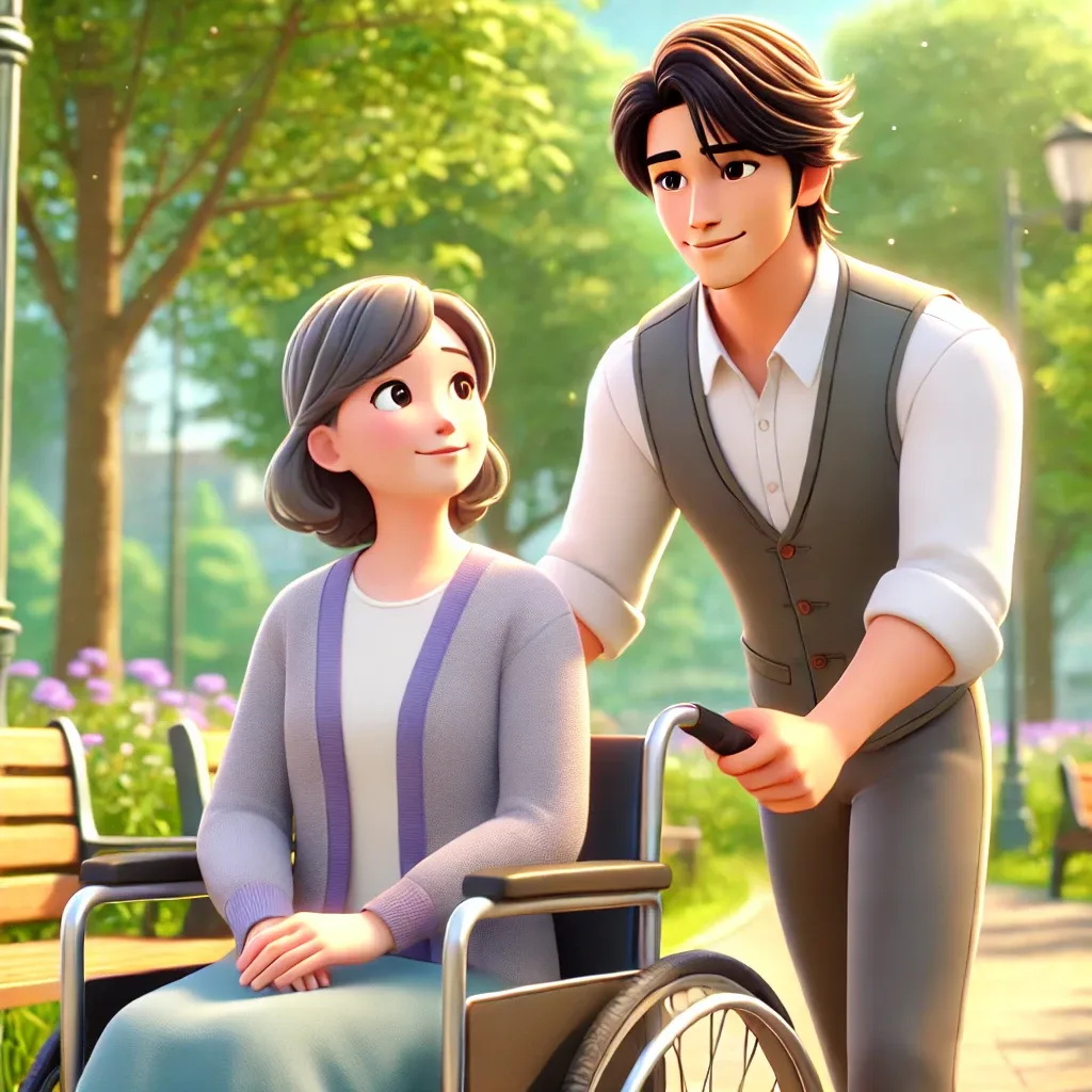 공원에서 휠체어를 밀며 산책 중인 40대 한국 남성 장애인활동지원사