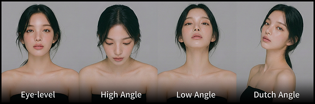 나노 바나나로 생성한 동일 인물의 Eye-level, High Angle, Low Angle, Dutch Angle 비교 시트, 카메라 각도 변화에 따른 인상 차이를 관찰한 캐릭터 시트_Midjourney &amp; Nano Banana