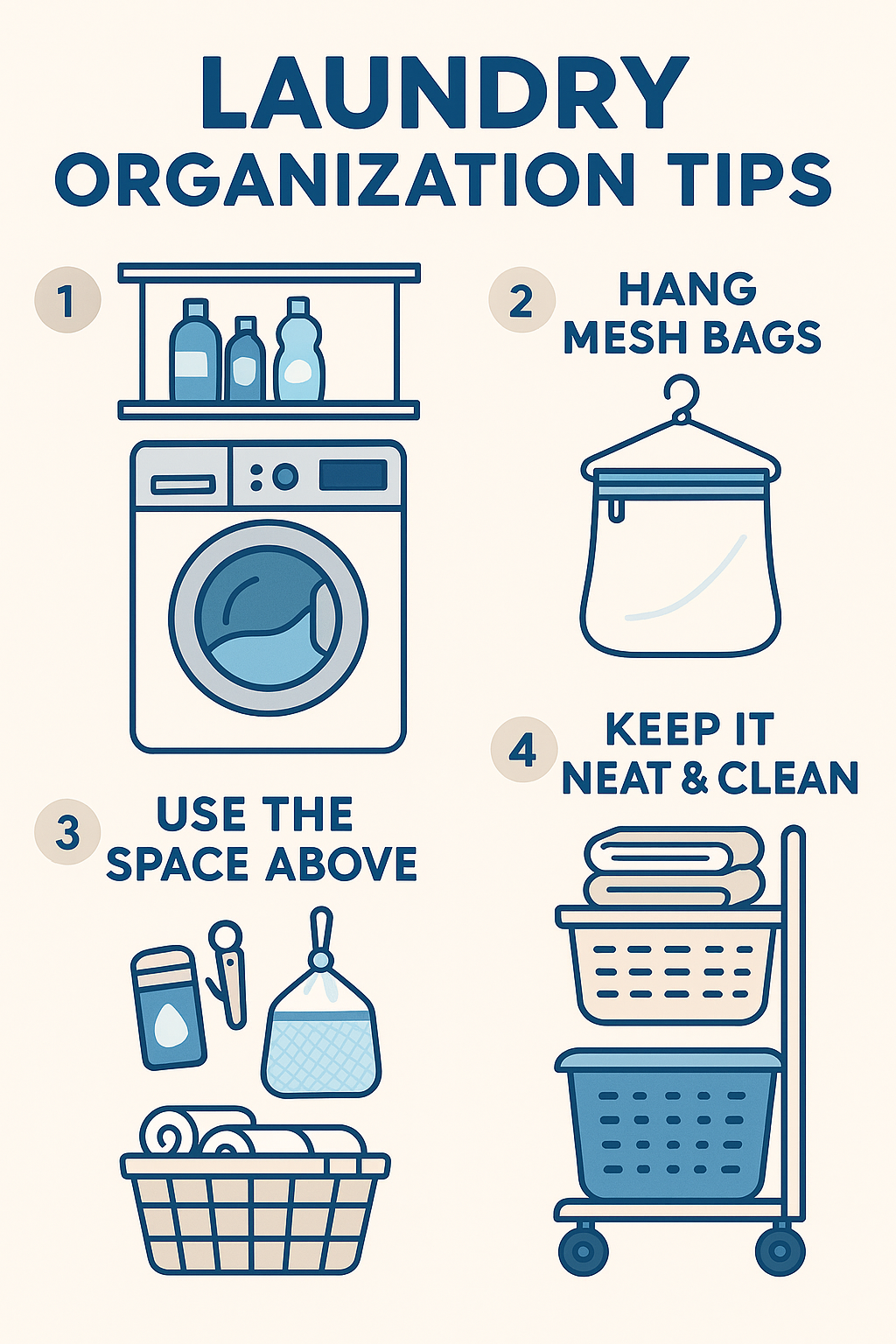 An infographic showing four laundry organization tips: placing detergents above the washing machine, hanging mesh bags, organizing supplies and towels in baskets, and using a tidy laundry cart setup for storage