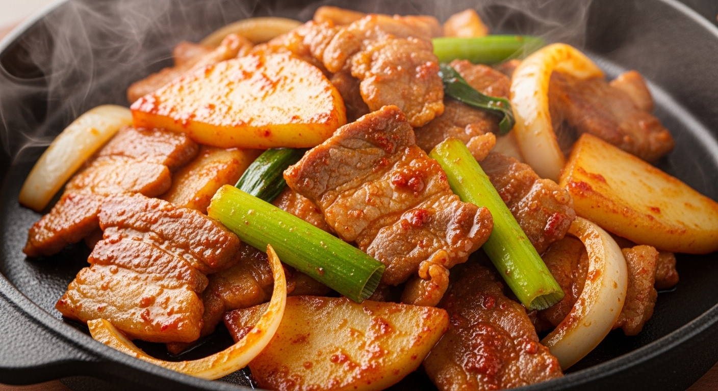 매콤한 양념에 볶아진 콜라비와 돼지고기 두루치기가 팬에서 먹음직스럽게 익어가고 있다.