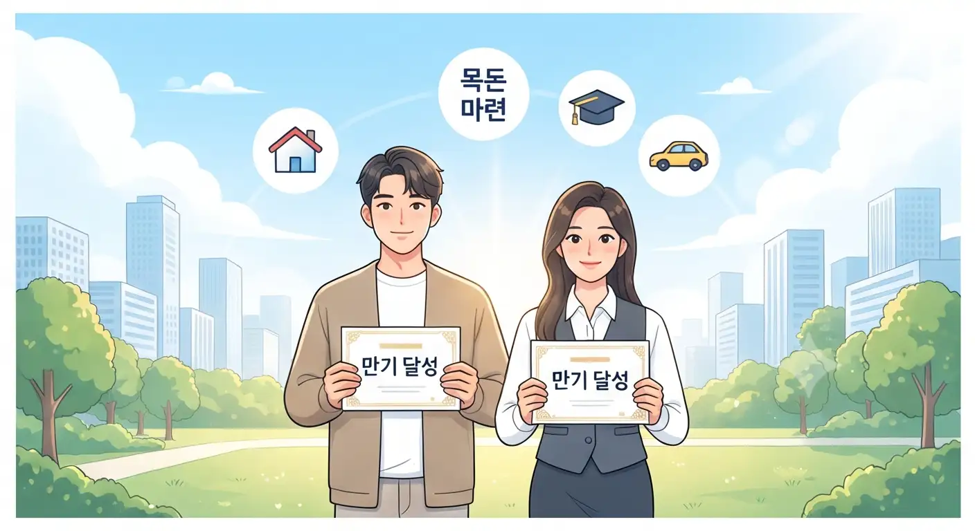도심 공원에서 만기 달성 증서와 함께 목돈 마련, 주거, 학업, 차량 등 미래 계획을 이루고 환하게 웃는 남녀