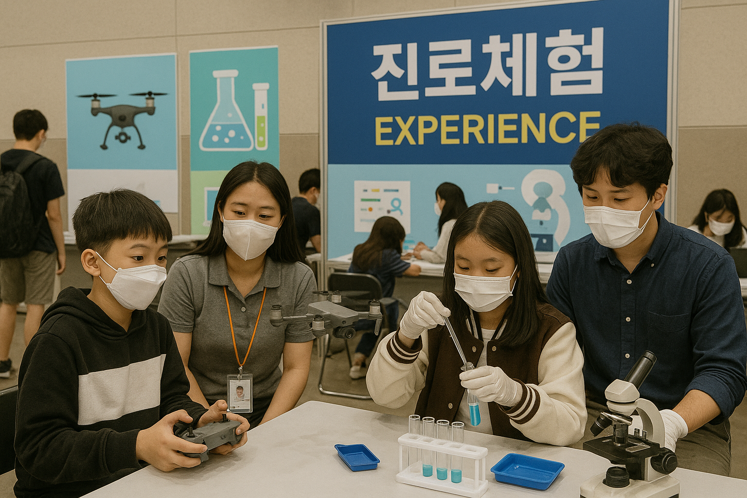 진로체험 부스 활동 장면
(드론 조종, 바이오 실습 등 미래기술 체험 모습 중심)