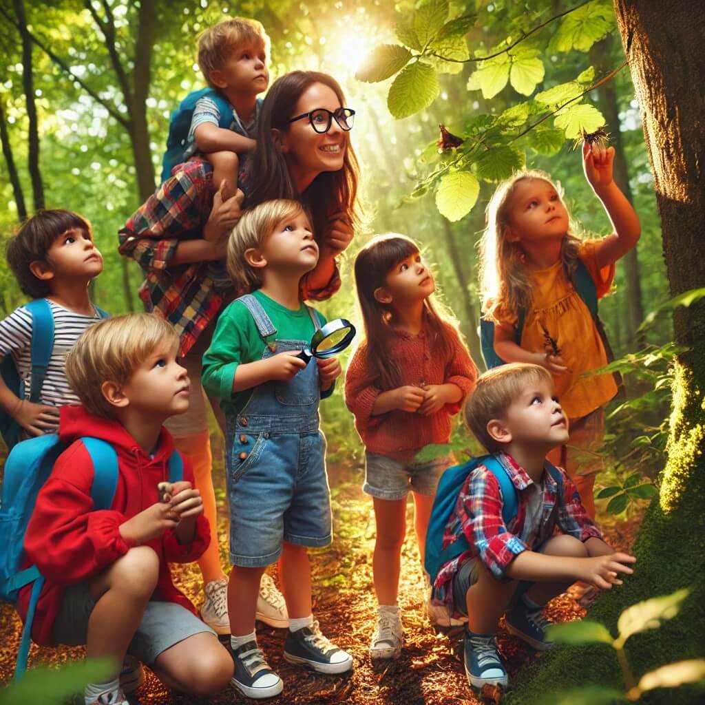 선생님과 함께 숲체험을 즐기는 아이들