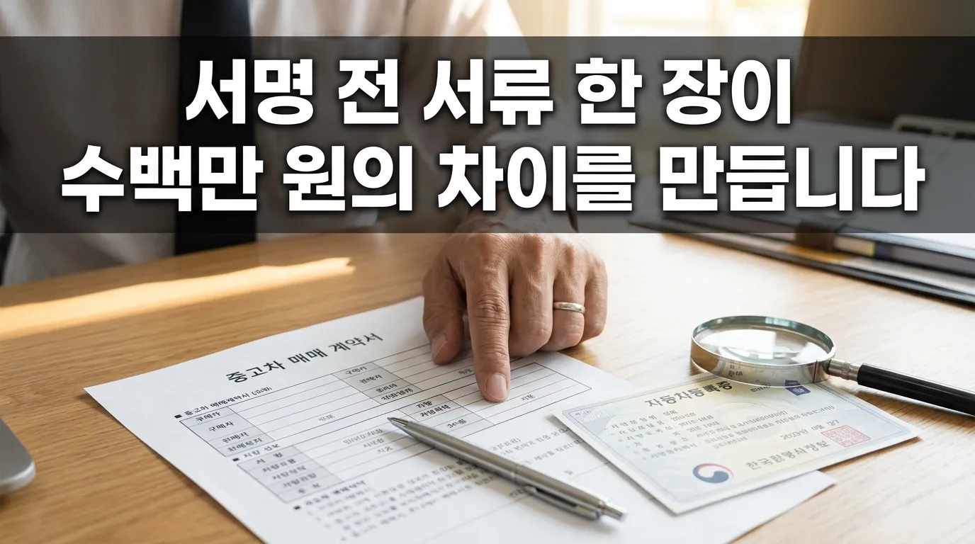 중고차 매매계약서와 서류가 책상 위에 놓인 장면