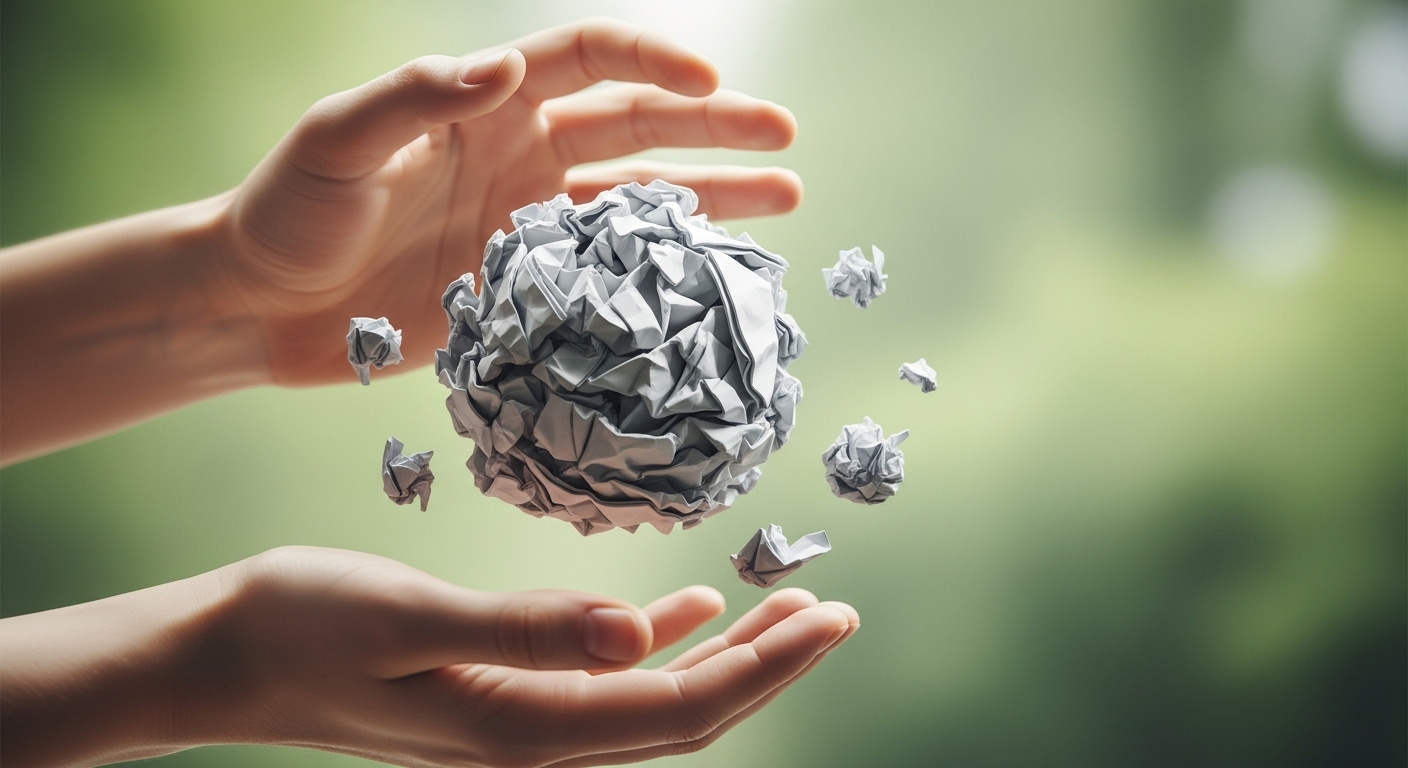 손이 완벽주의를 상징하는 구겨진 종이 공을 부드럽게 놓아주는 모습으로, 불완전함을 받아들이고 해방감을 느끼는 순간을 표현한 그림.