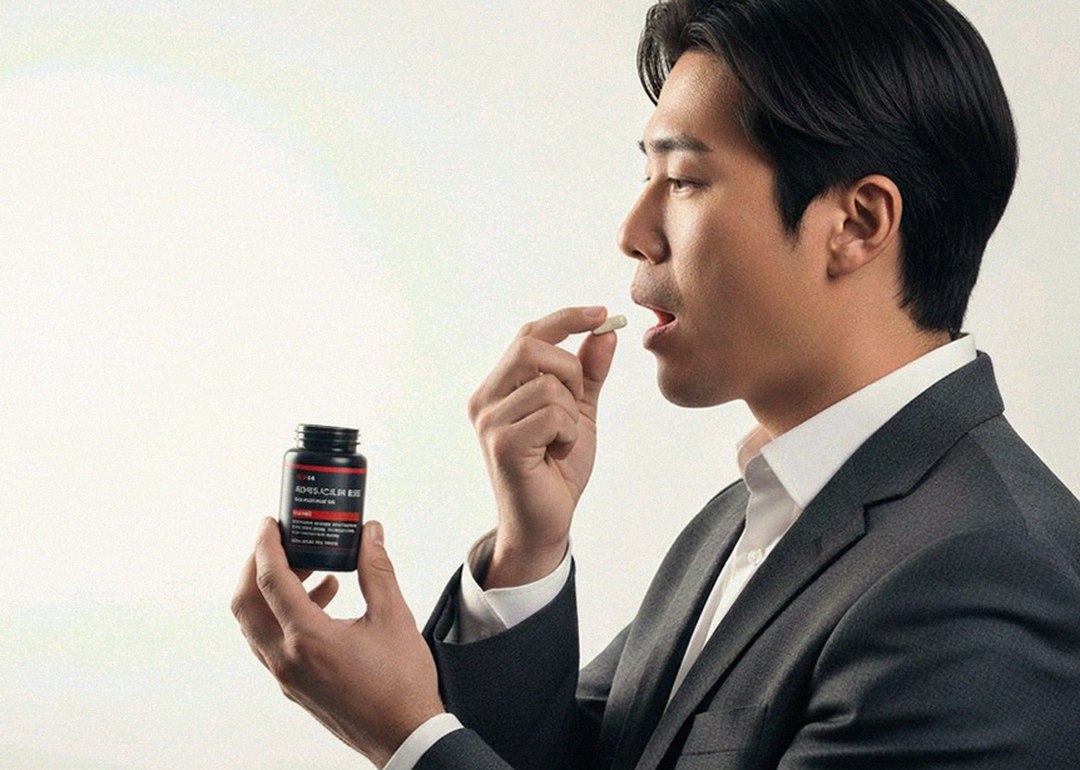 Korean Asian man in 40s preparing supplement before dinner meeting
