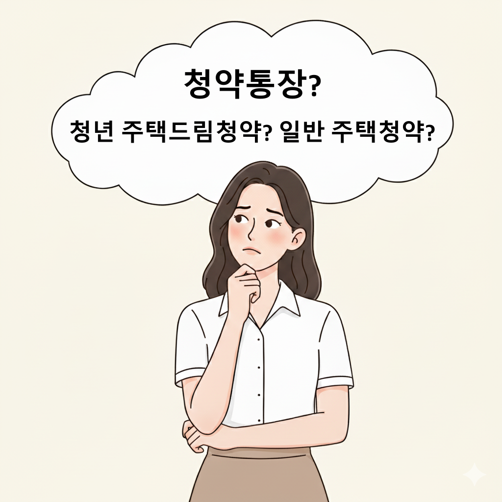 주택청약통장 가입을 앞에 두고 어떤 통장을 선택할지 망설이는 젊은 여성의 모습.