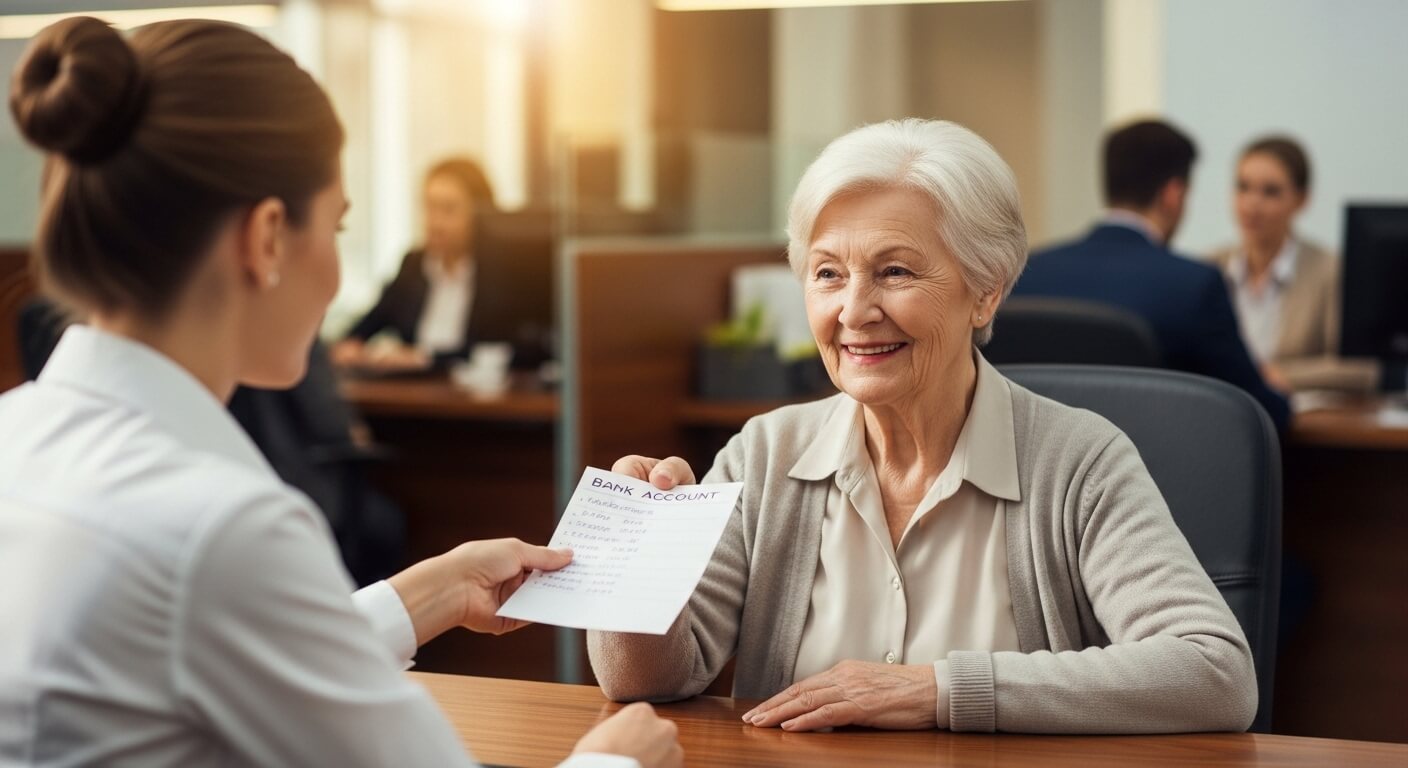 고령 여성이 은행 창구에서 직원에게 서류를 건네는 장면