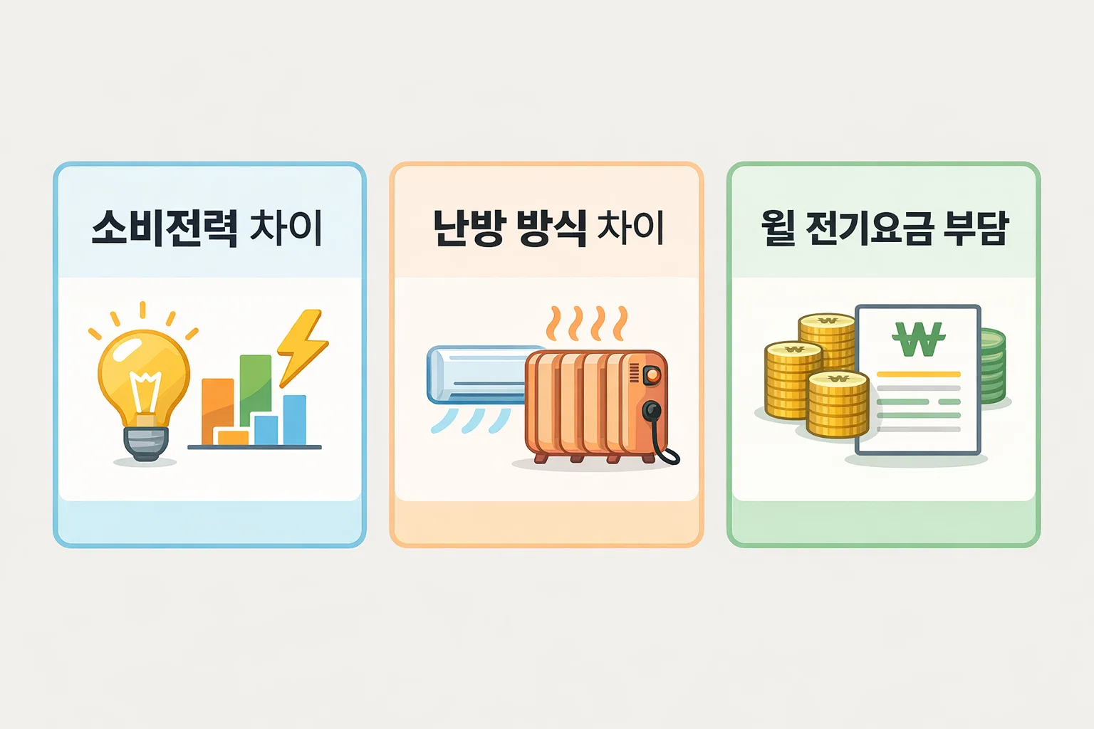 전기히터의 소비전력, 난방 방식, 월 전기요금 부담 차이를 시각적으로 비교한 이미지