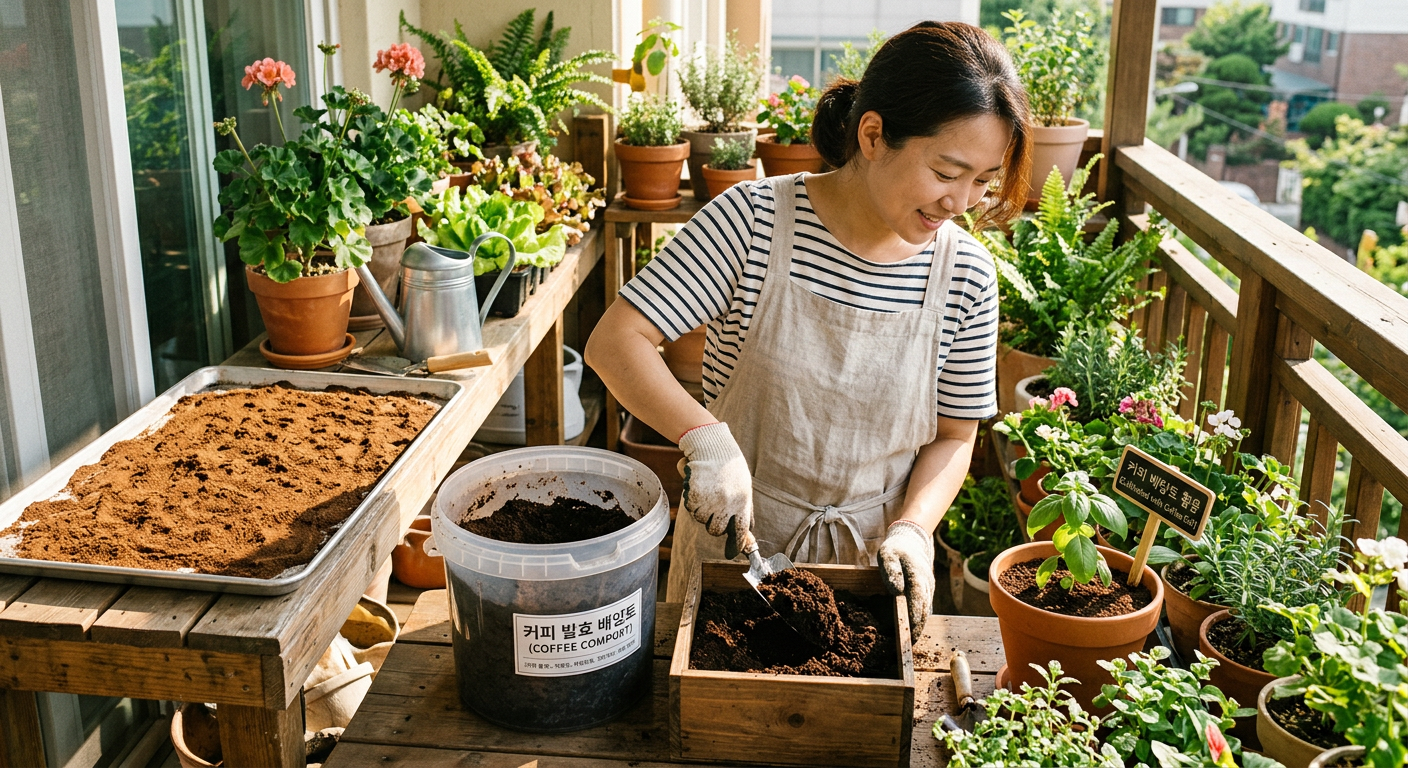 커피 찌꺼기를 건조하고 발효해 천연 배양토로 활용하는 친환경 가드닝 과정