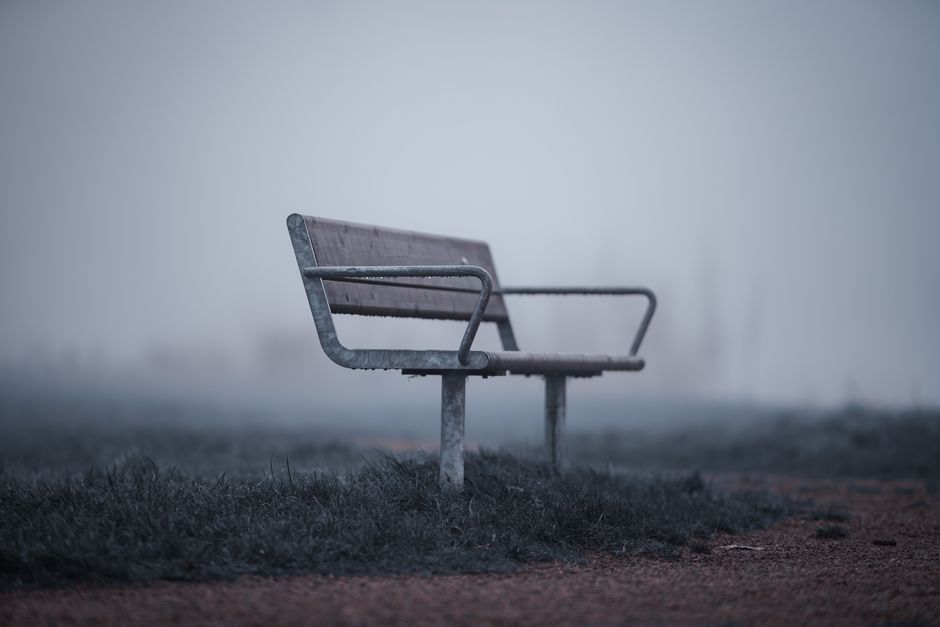A solitary park bench enveloped in mist, creating a serene and mysterious atmosphere.