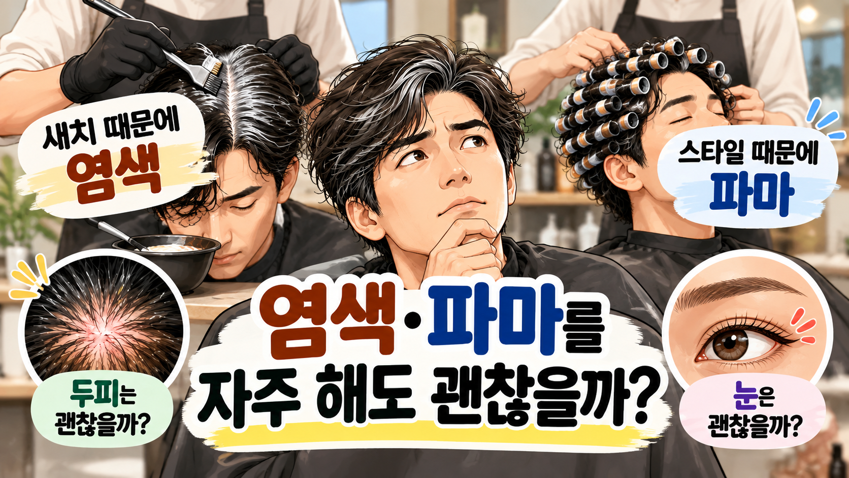 숱 많고 새치 많은 사람이 염색과 파마 전 두피 자극과 눈 건강 주의사항을 확인하는 모습