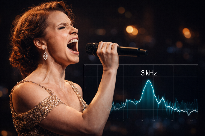 강력한 벨팅 창법을 구사하는 배우와 주파수 분석 그래프의 결합