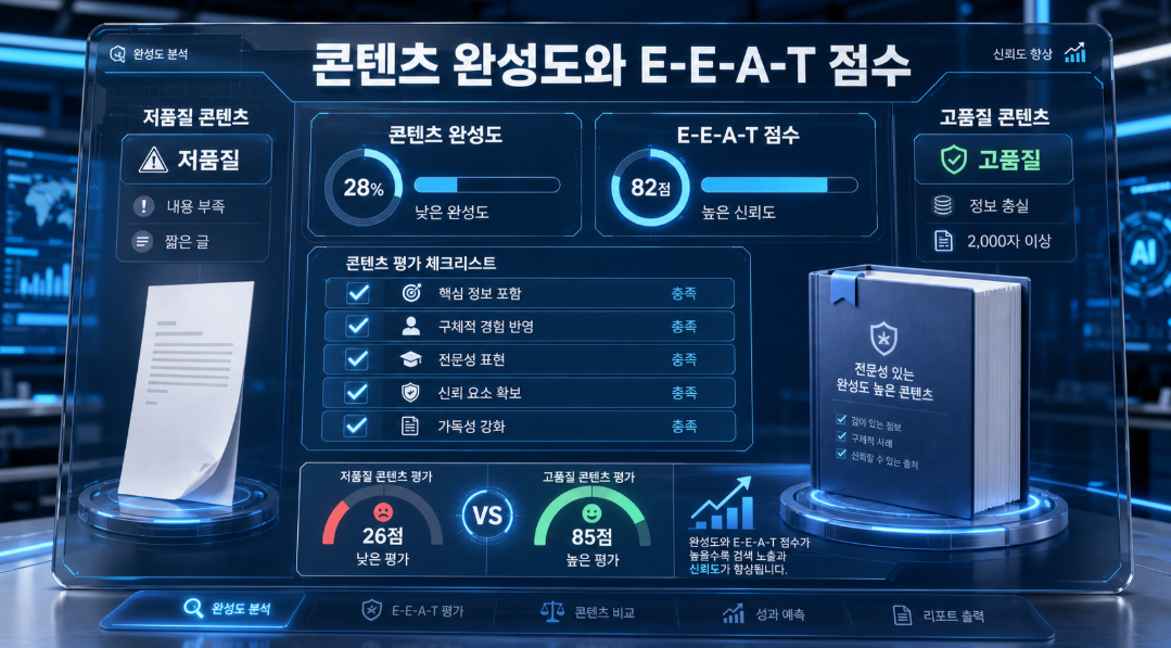 글의 길이와 완결성이 구글 AI 인용 및 SEO 점수에 미치는 영향 분석 이미지
