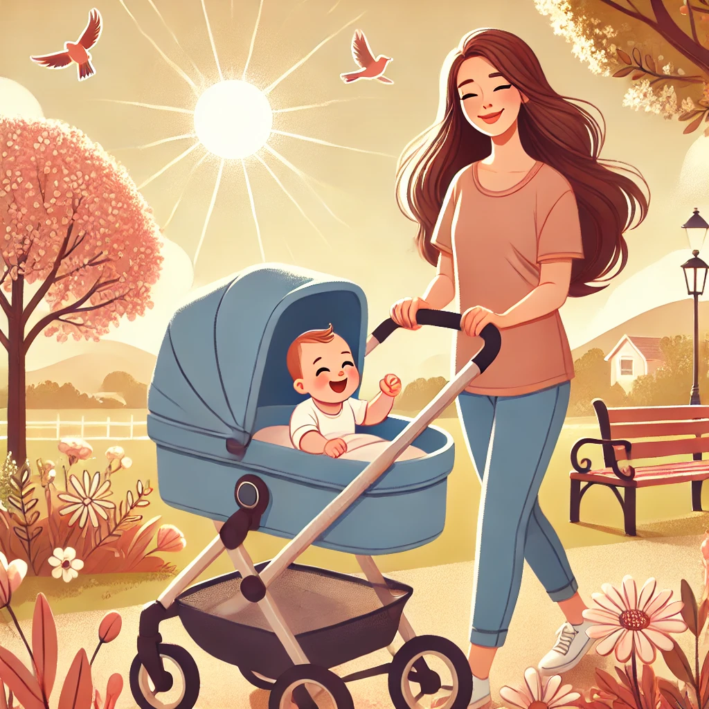 아이와 함께 산책하며 출산 후 회복관리하는 엄마