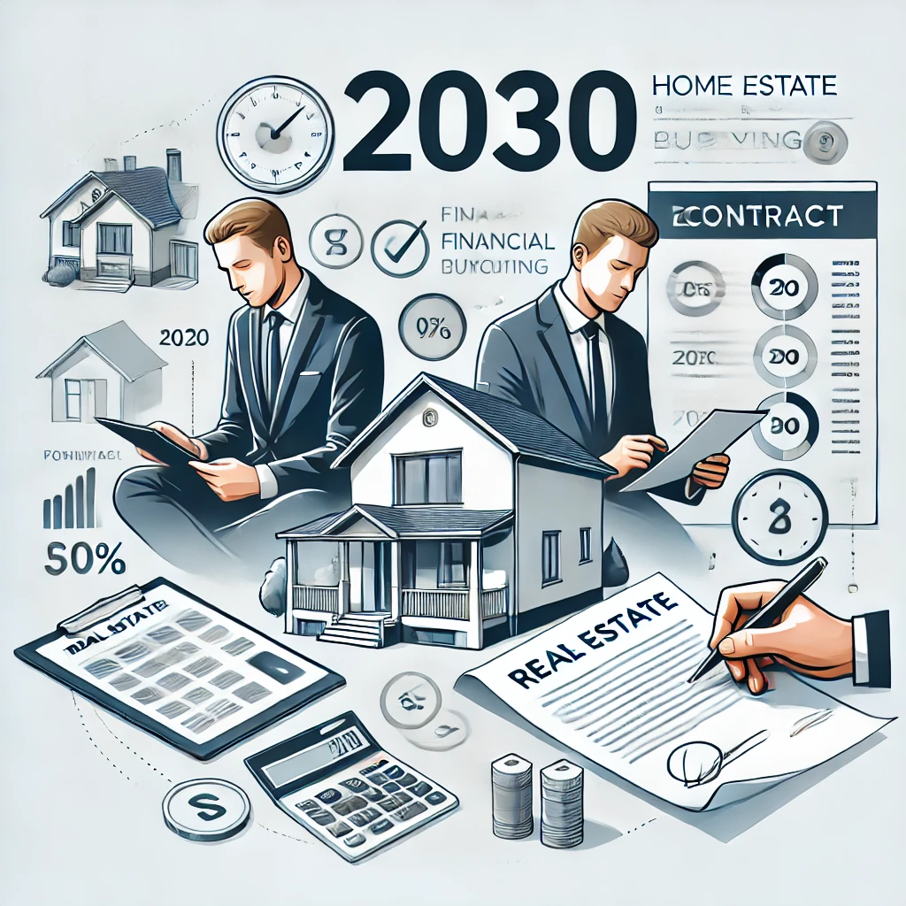 &quot;2030세대를 위한 내 집 마련 전략을 상징하는 현대적이고 직관적인 일러스트. 이미지에는 주택, 부동산 계약서, 재정 계산 아이콘, 그리고 집 구매를 계획하는 젊은 부부가 포함되어 있으며, 깨끗하고 미니멀한 디자인으로 부동산 정보 블로그 표지에 적합합니다.&quot;