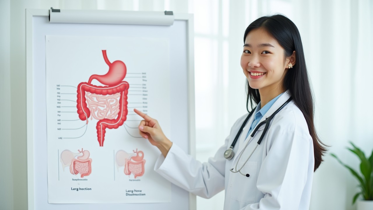 소장과 대장의 정상적인 소화 과정과 장폐색 상태를 설명하는 의료진