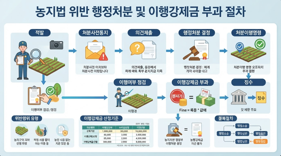 농지법 위반 시 행정 처분 절차 및 이행강제금 부과 인포그래픽