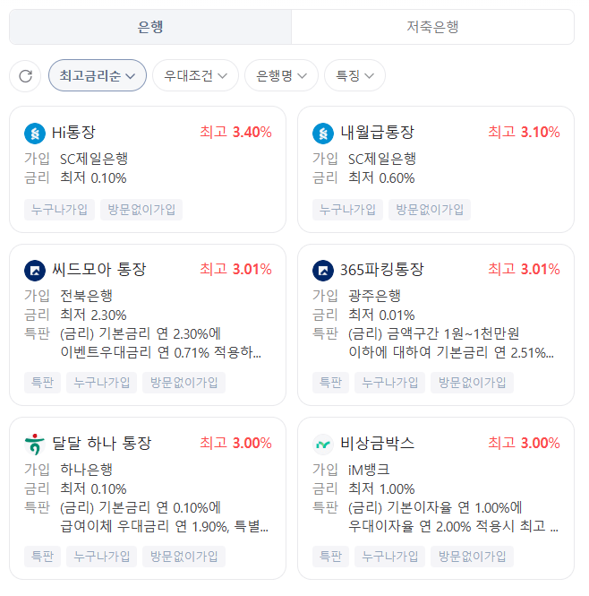 파킹 통장 금리 비교 은행 정리