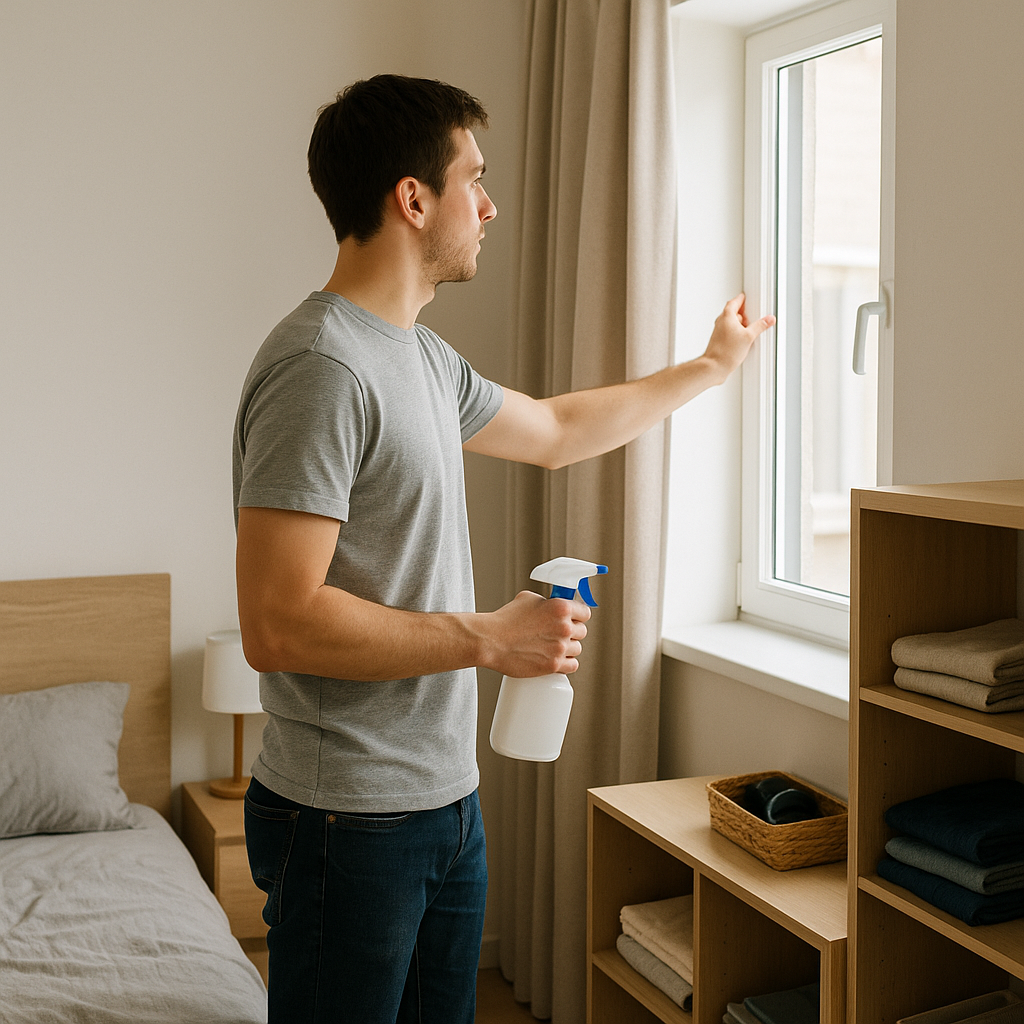 자취방에서 창문을 열어 환기시키며 공간을 정리 중인 젊은 남성의 모습