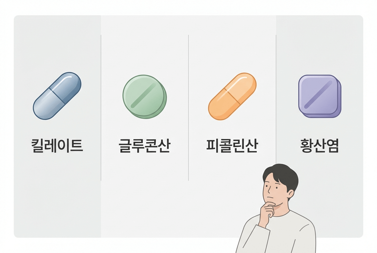 아연 보충제 형태별 종류를 보여주는 일러스트, 킬레이트 글루콘산 피콜린산 황산염이 나란히 표시된 모습