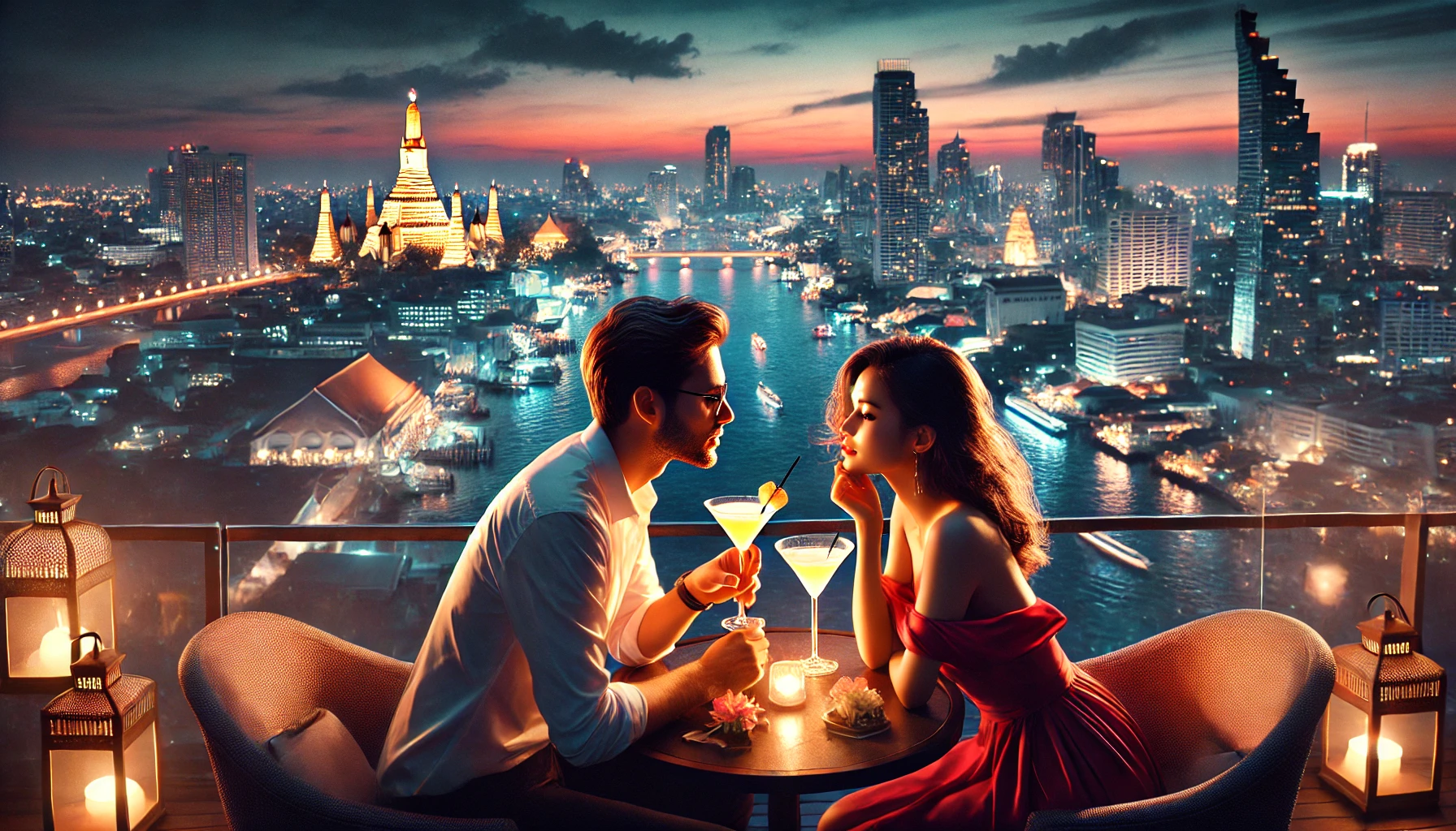 방콕 야경을 배경으로 로맨틱한 데이트를 즐기는 커플의 모습
