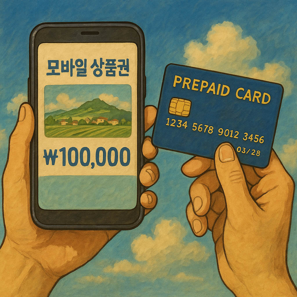 모바일 상품권이 표시된 스마트폰과 선불카드를 함께 들고 있는 손. 두 가지 형태의 디지털 결제 수단을 제시하며 편리한 사용을 강조하는 이미지