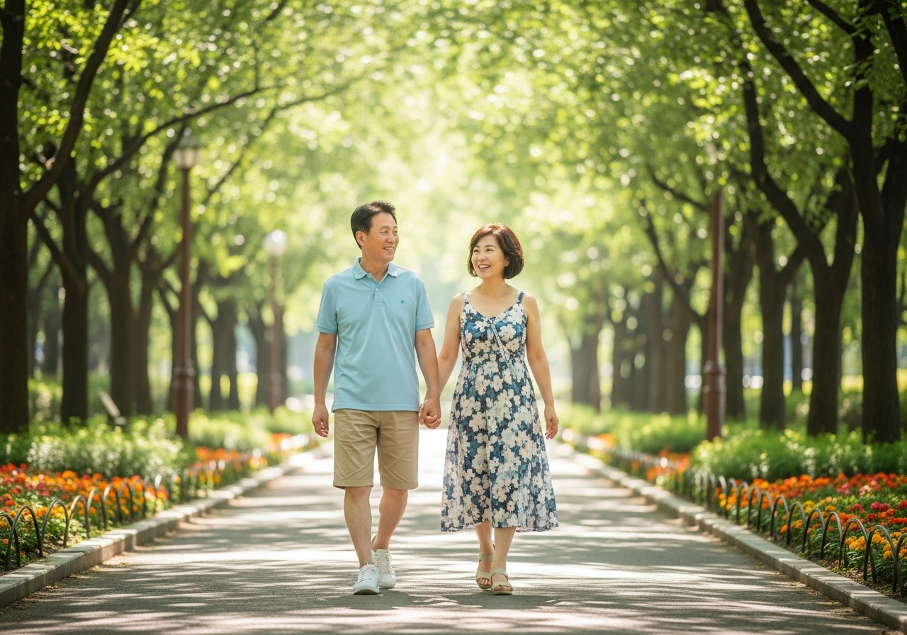 50대 한국인 부부, 공원 산책 중