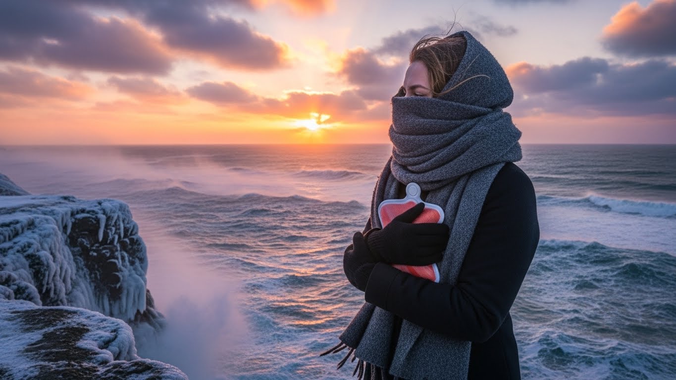 겨울 바닷 바람을 대비하여 방한 용품을 착용하고 일출을 바라보는 모습