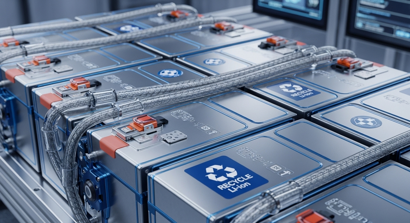 재활용성을 강조한 모듈형 전기차 배터리 팩의 클로즈업 이미지.