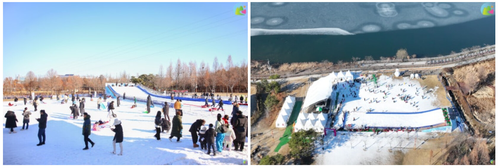 왕송호수 겨울 축제 눈썰매장의 전경을 항공에서 찍은 사진으로, 주변의 자연 풍경과 함께 축제장의 활기를 느낄 수 있습니다