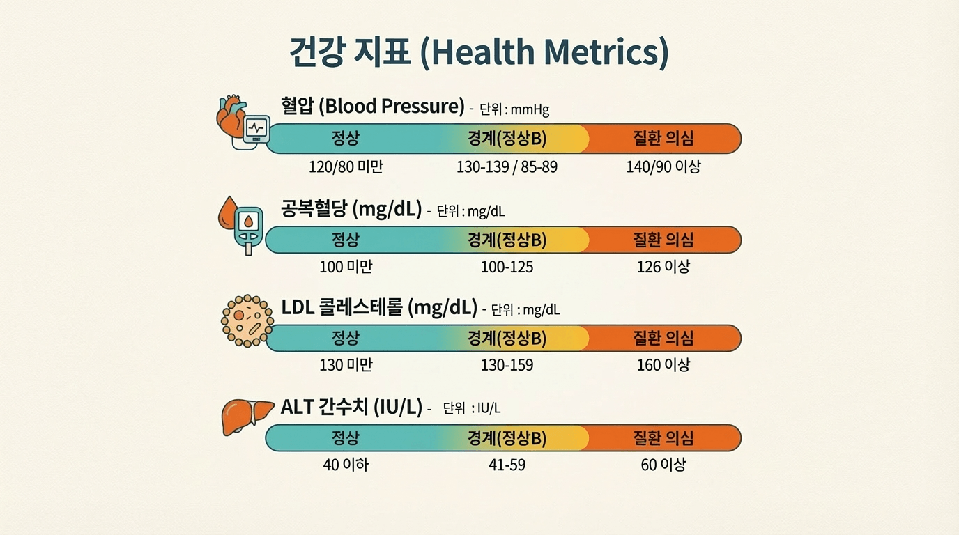 혈압 혈당 콜레스테롤 간수치 경계 수치 비교표 인포그래픽