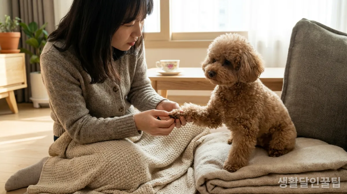 반려견의 발톱과 발바닥을 확인하는 한국인 여성