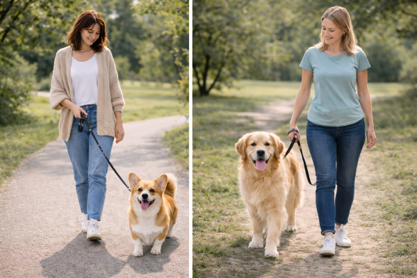 강아지들이 각각의 보호자와 산책하는 사진
