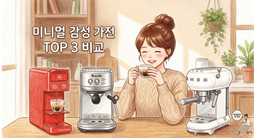 '미니멀 감성 가전 TOP 3 비교'라는 흰색 텍스트가 중앙에 있는 따뜻한 색연필 화풍의 블로그 썸네일. 올림머리를 한 여성이 세 개의 서로 다른 에스프레소 머신 일러스트 앞에 앉아 커피를 마시는 모습.