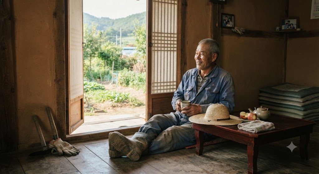 영농도우미 덕분에 한시름 놓고 쉬고 있는 농업인