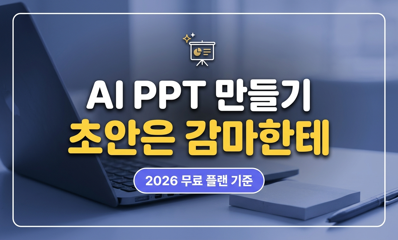 빈 슬라이드가 띄워진 노트북과 메모지가 놓인 책상