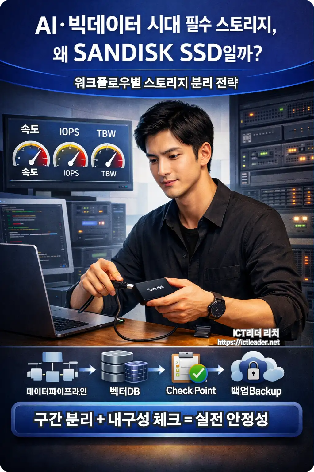 서버 환경에서 SanDisk SSD를 연결하고 IOPS, 지연, TBW를 실시간 성능 지표로 모니터링하는 20대 남성 전문가의 모습과 함께, 데이터 파이프라인&middot;벡터DB&middot;체크포인트를 표현한 인포그래픽