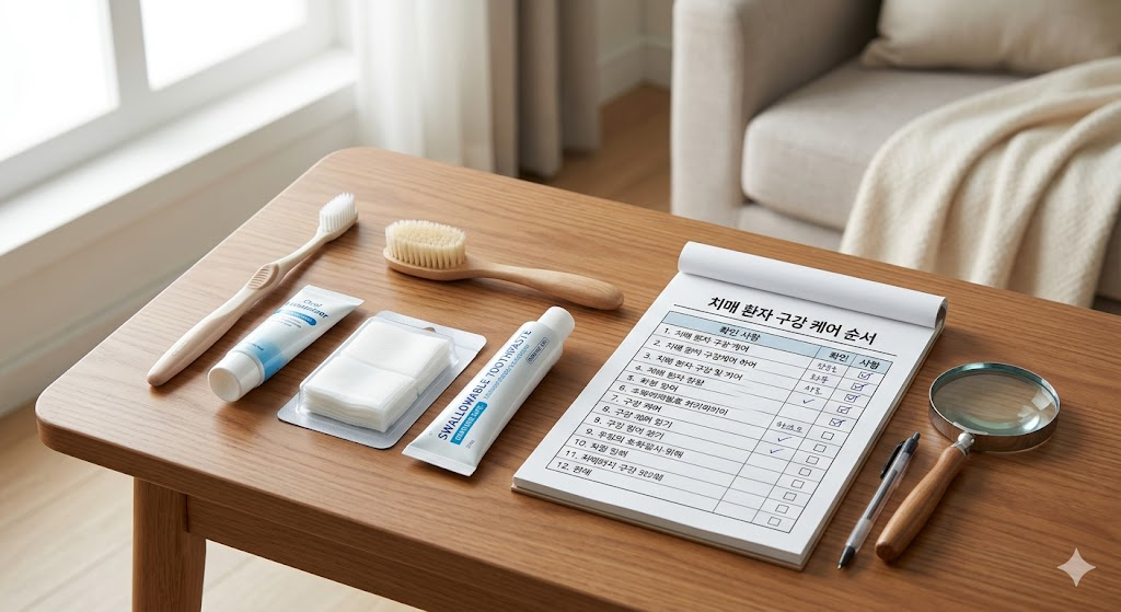 나무 테이블 위에 부드러운 칫솔, 구강 보습제, 거즈, 삼킬 수 있는 치약이 정갈하게 놓여 있는 모습. 옆에는 체크리스트 양식의 노트와 돋보기가 놓여 있어 '전문적인 정보'를 전달하는 느낌을 줌.