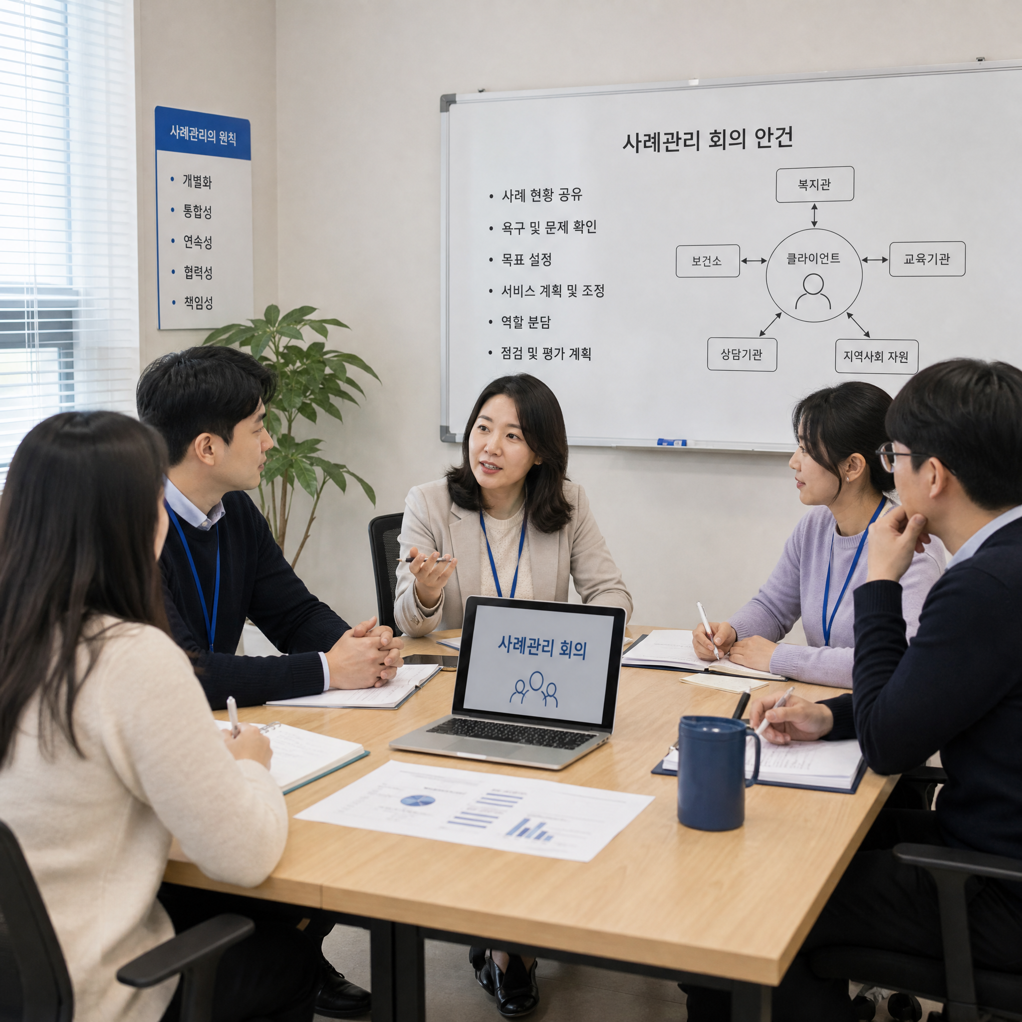 사례회의 안건 및 회를 하는모습과 회의록작성하는못ㅡㅂ
